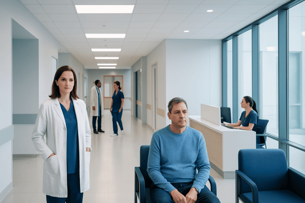 Paget’s Disease of Bone: Bone Pain, Elevated Alkaline Phosphatase, and Treatment 1 Medical consultation in a modern hospital corridor with doctors and patient.