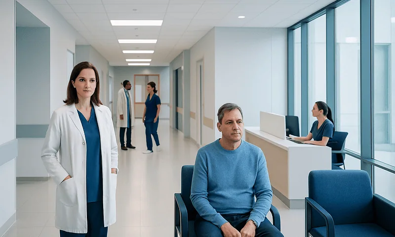 Medical consultation in a modern hospital corridor with doctors and patient.