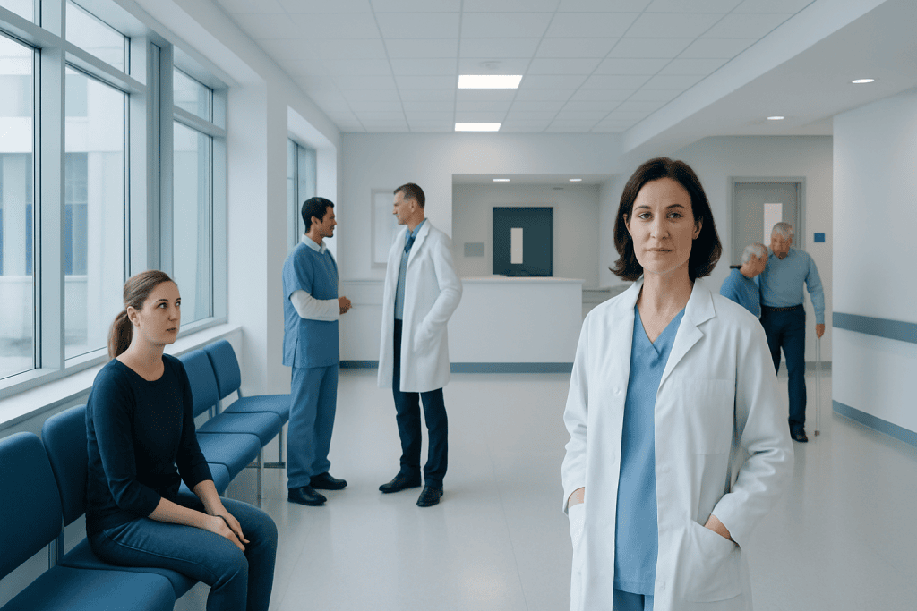Aplastic Anemia: Severe Fatigue, Low Blood Counts, and Urgent Evaluation 1 Medical staff and patient in hospital corridor at Acibadem Hospitals Group.