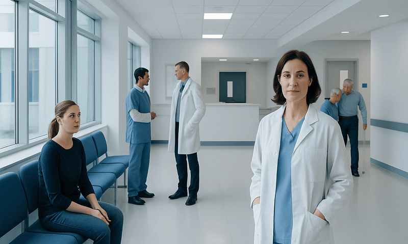 Medical staff and patient in hospital corridor at Acibadem Hospitals Group.