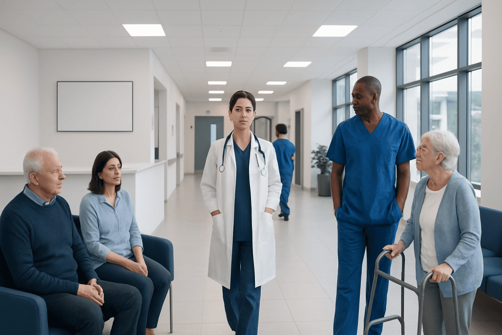 Paget’s Disease of Bone: Bone Pain, Deformity, and Imaging Tests 1 Medical team consulting elderly patients in hospital corridor.