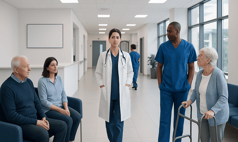 Medical team consulting elderly patients in hospital corridor.