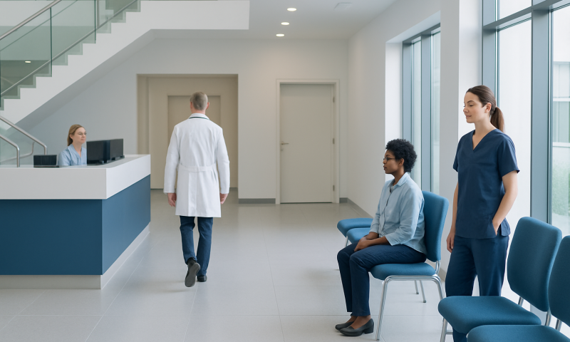 Patients waiting in a modern hospital lobby with medical staff nearby.