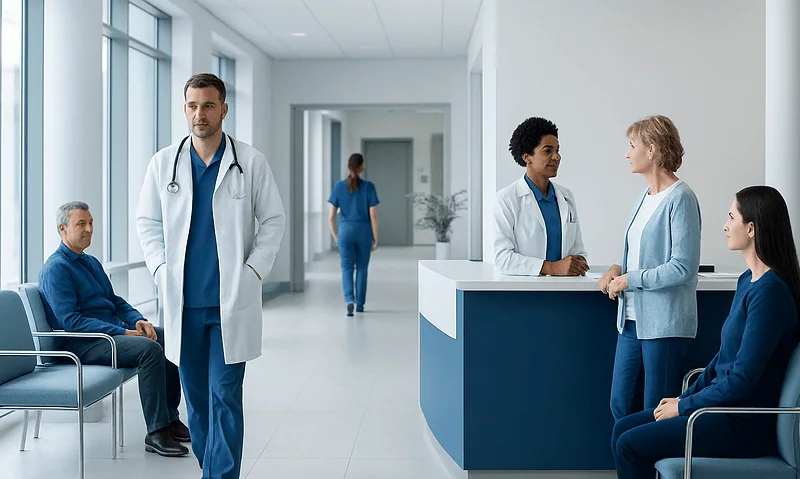Medical staff and patients in a hospital waiting area.