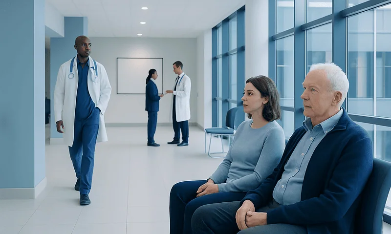 Patients waiting in a hospital corridor with medical staff in the background.