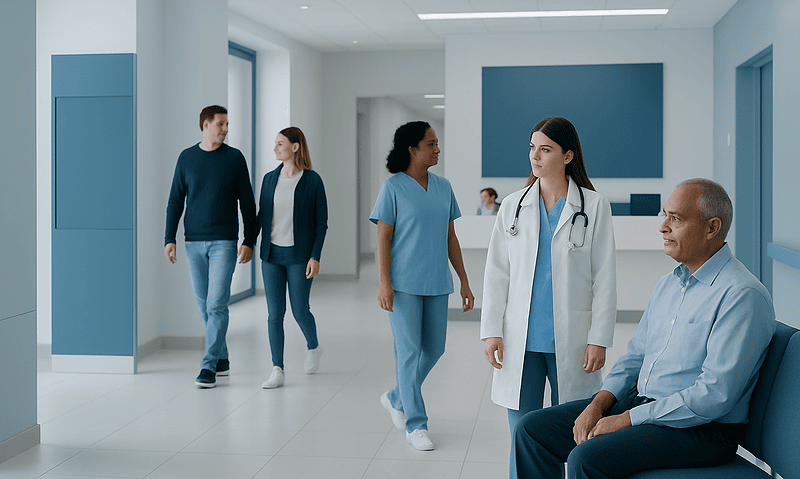 Medical team consulting patient in hospital corridor at Acibadem Hospitals Group.