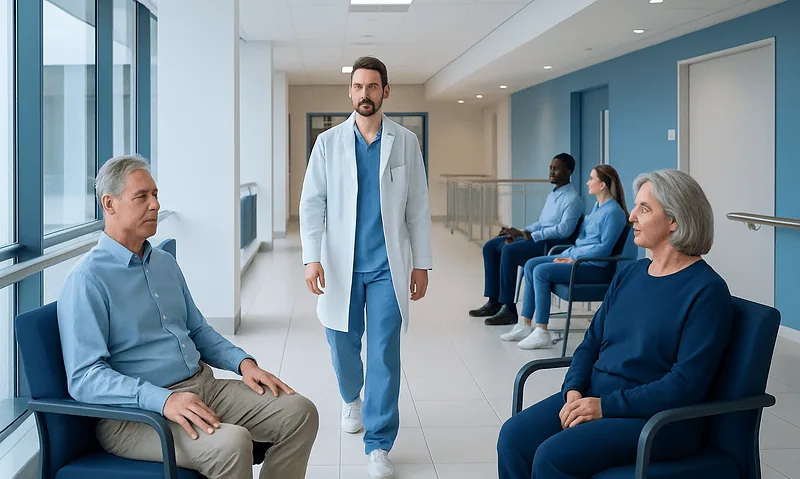 Doctor consulting elderly patients in hospital corridor.