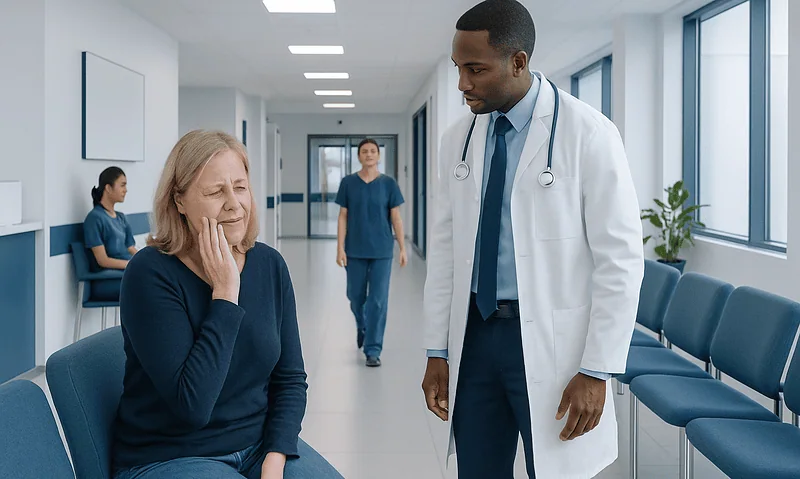 Doctor consulting with an elderly woman in a hospital corridor.