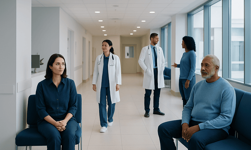 Medical consultation in hospital corridor with patients and doctors.