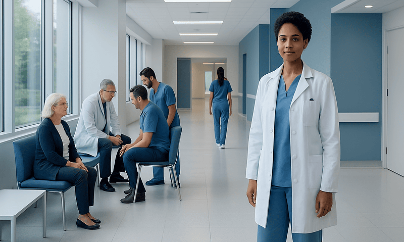 Healthcare professionals and patients in a hospital waiting area.