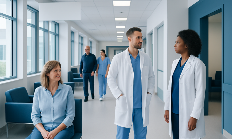 Medical team discussing patient care in hospital corridor.