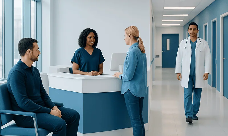 Patients and doctor in a hospital reception area at Acibadem Hospitals Group.
