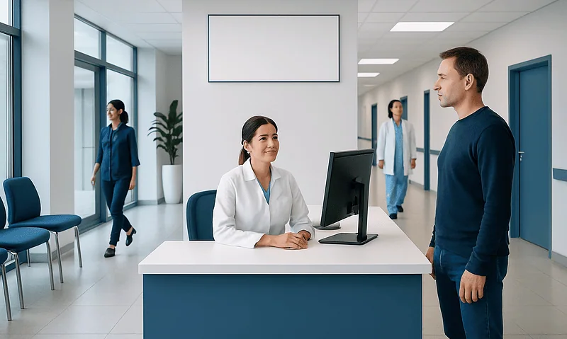 Patient at reception desk in modern hospital corridor with staff in background.