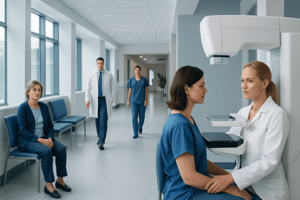 What Is a Diagnostic Mammogram After an Abnormal Screening? 1 Medical professionals conducting a mammogram in a modern hospital corridor.
