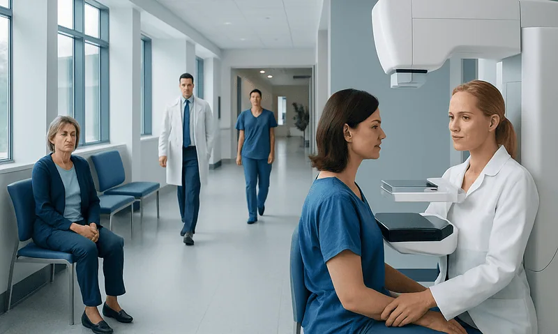 Medical professionals conducting a mammogram in a modern hospital corridor.