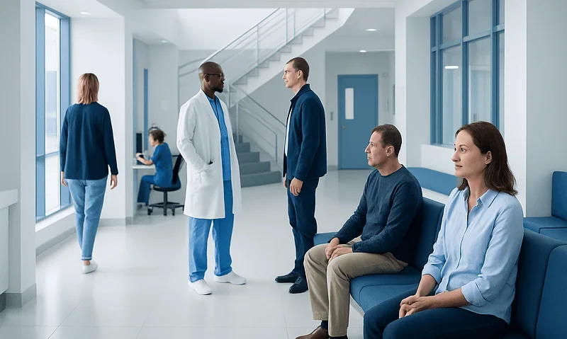 Patients and doctor in a modern hospital waiting area.
