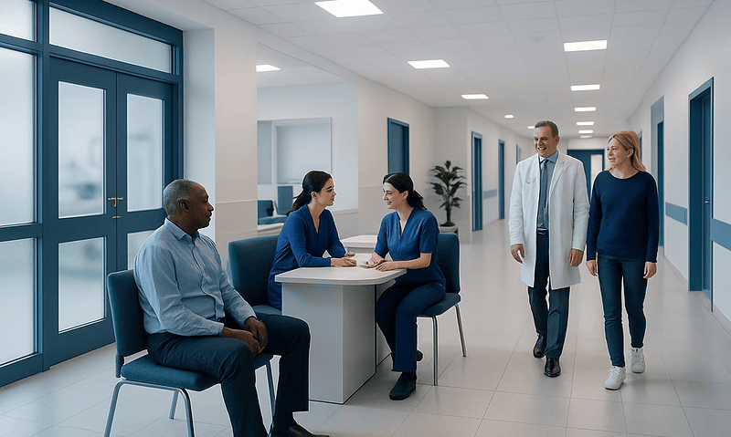 Patients and doctors in a hospital corridor during consultation.