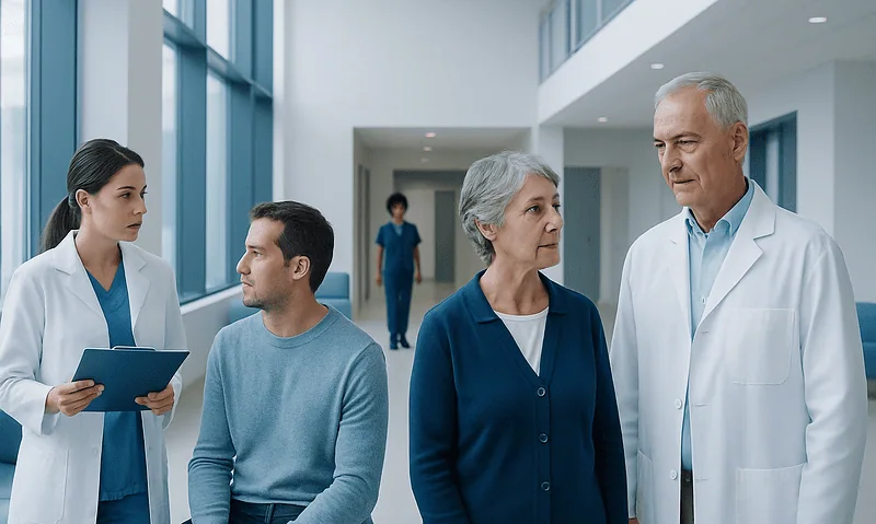 When to Get a Second Opinion on Lab Results or Imaging Findings 5 Medical consultation with doctor and elderly patients in hospital corridor.