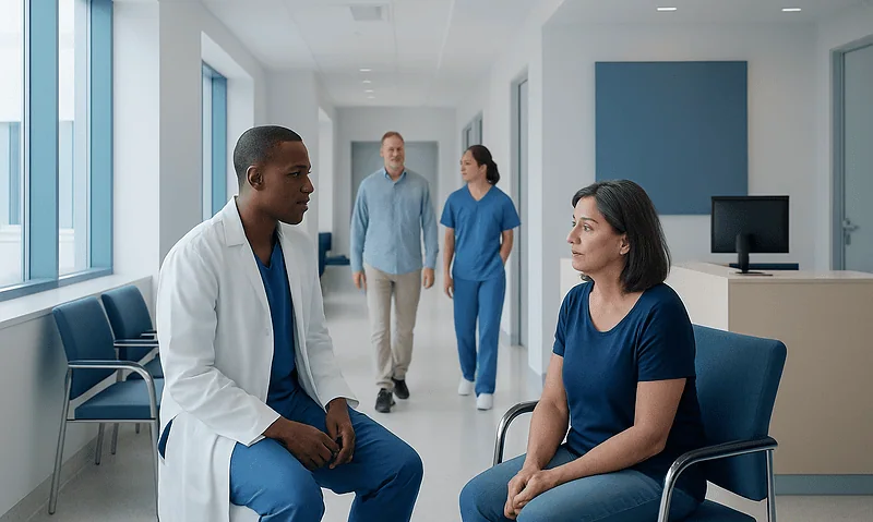 Doctor consulting with a patient in a hospital corridor.