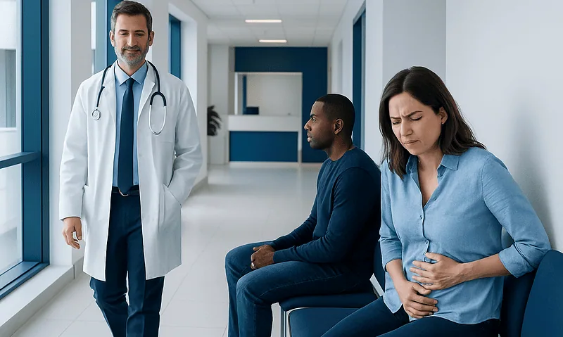 Digestive Problems After Meals: Common Patterns and Possible Causes 13 Doctor consulting with a patient experiencing stomach pain in hospital corridor.