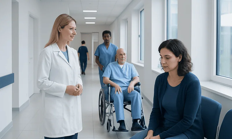 Irritable Bowel Syndrome: Symptoms, Triggers, and Daily Management 10 Healthcare professionals and patients in a hospital corridor.