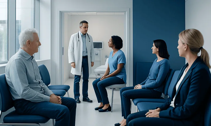 Screening Colonoscopy: Who Needs It, When to Start, and How to Prepare 7 Doctor consulting with elderly and female patients in hospital waiting room.