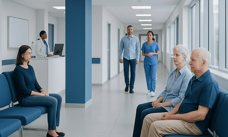 Colonoscopy in Turkey vs at Home: What International Patients Should Consider 4 Patients waiting in a modern hospital corridor with medical staff nearby.