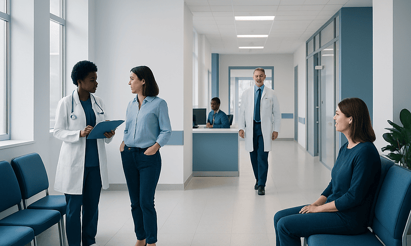 Medical staff and patient in a hospital corridor.