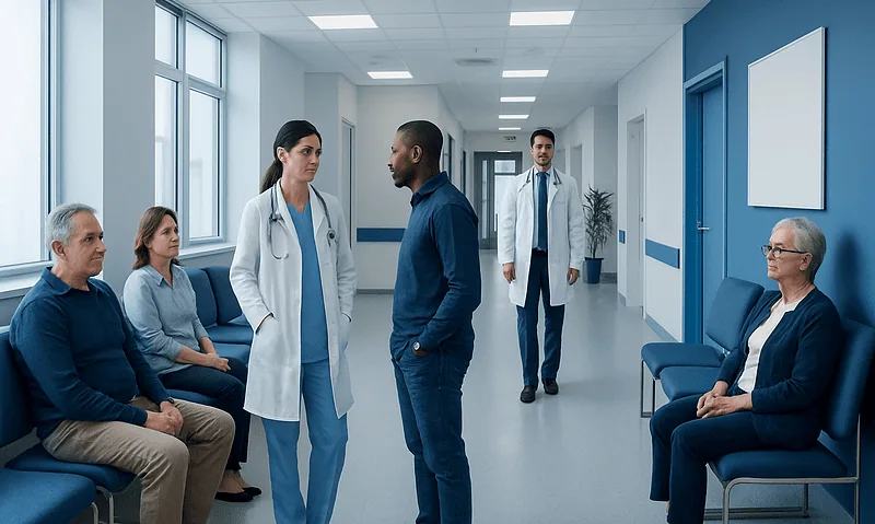 Doctors and patients in a hospital corridor during consultation.