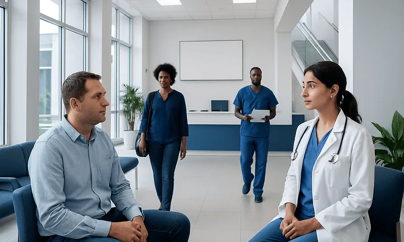 Doctor consulting with a patient in a modern hospital waiting area.