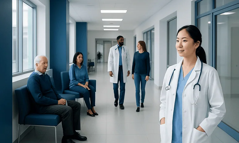 Healthcare professionals and patients in a hospital corridor.