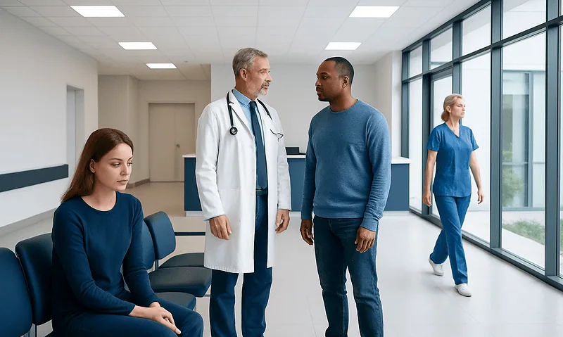 Doctor consulting with patient in hospital corridor with nurse in background.