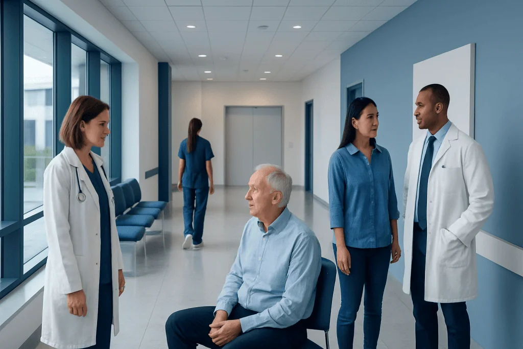 Otosclerosis: Progressive Hearing Loss and Treatment Choices 1 Medical consultation in hospital corridor with doctors and patient.