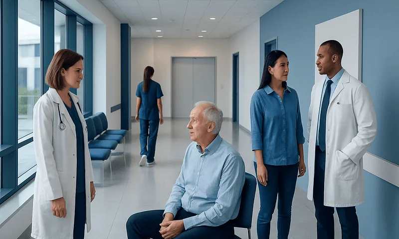 Medical consultation in hospital corridor with doctors and patient.