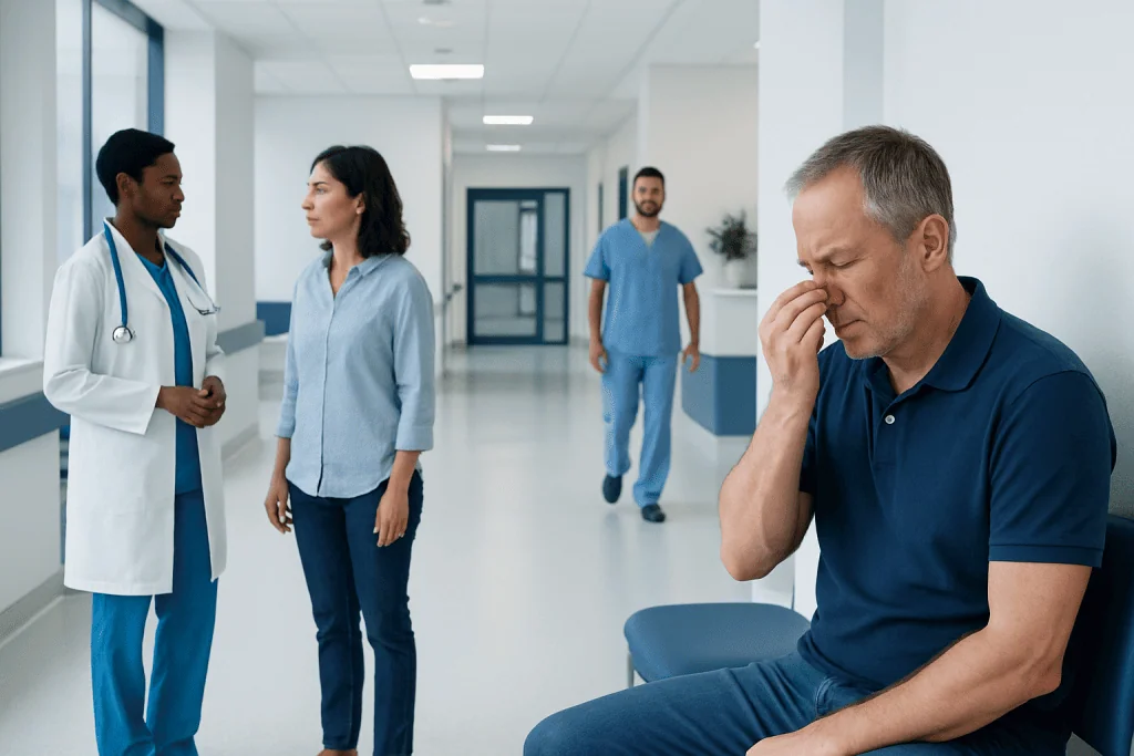 Nosebleeds: Common Causes, First Aid, and When to See an ENT 1 Man with nosebleed in hospital corridor with medical staff nearby.