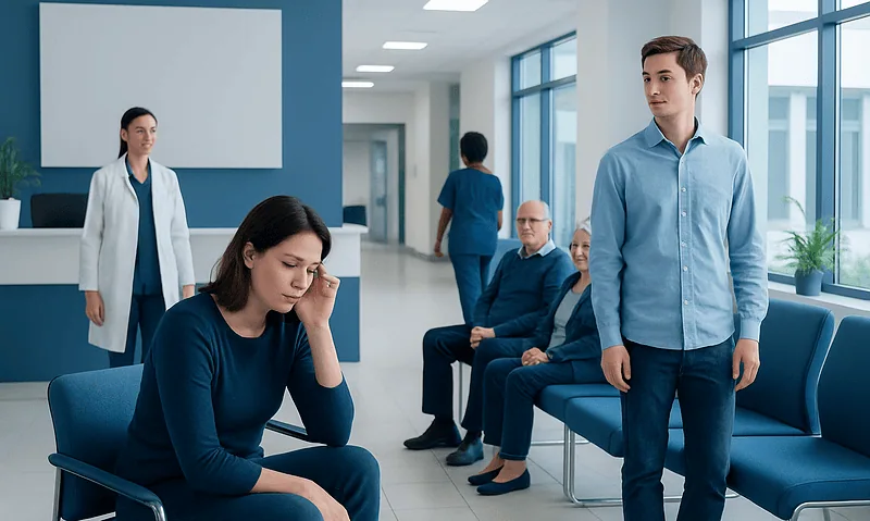 Patient waiting in hospital corridor with medical staff and visitors.