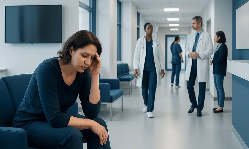 Woman in hospital waiting area appears distressed and worried.