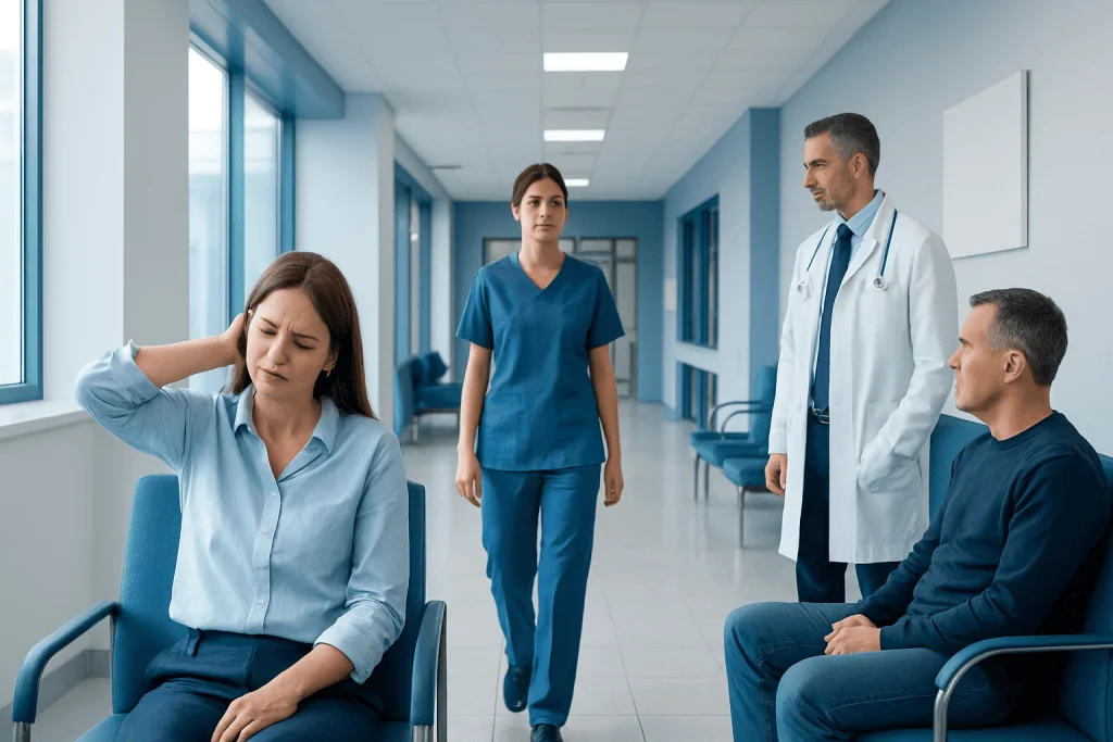 Occipital Nerve Blocks for Headache: What to Expect and Who May Benefit 1 Patient experiencing headache in hospital corridor with medical staff nearby.
