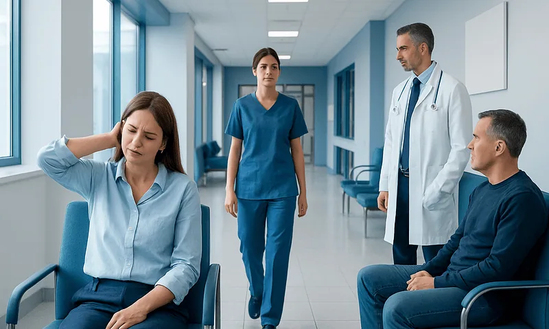 Patient experiencing headache in hospital corridor with medical staff nearby.