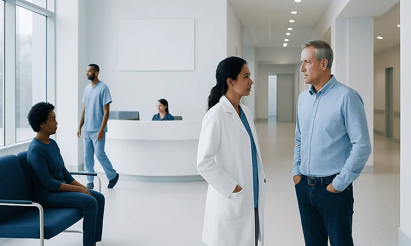 Primary Aldosteronism: A Treatable Hormone Cause of High Blood Pressure 19 Doctor talking to patient in hospital corridor with waiting area.