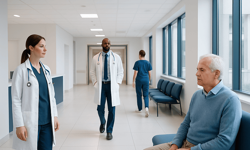Diabetes Insipidus: Why Extreme Thirst and Frequent Urination Need Evaluation 17 Medical professionals and patient in hospital corridor for diabetes evaluation.