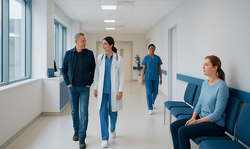 Goiter: Causes, Symptoms, and When an Enlarged Thyroid Needs Treatment 16 Doctor consulting with patient in hospital corridor at Acibadem Hospitals Group.
