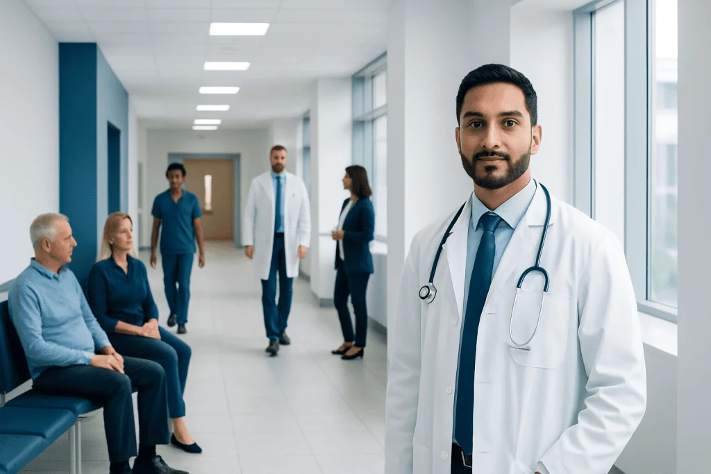 Diabetes Specialist: When Primary Care Is Not Enough 1 Healthcare professionals and patients in a modern hospital corridor.