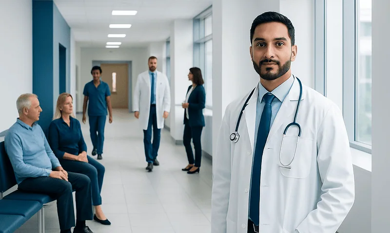 Diabetes Specialist: When Primary Care Is Not Enough 15 Healthcare professionals and patients in a modern hospital corridor.