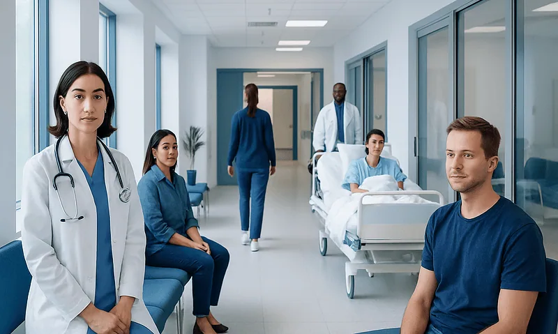 Tonsillectomy in Adults: Benefits, Risks, and Recovery Expectations 26 Medical team and patients in hospital corridor at Acibadem Hospitals Group.