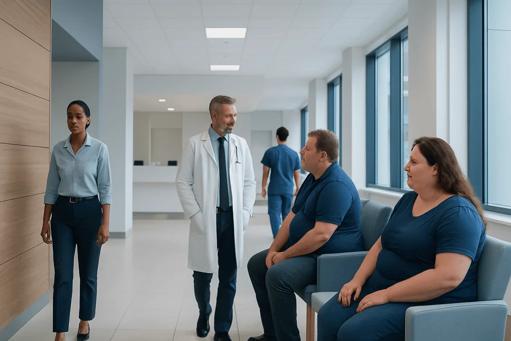 Weight Loss Medications: Who May Benefit and What Results Are Realistic 1 Doctor consulting with overweight patients in a modern hospital corridor.