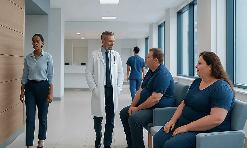 Doctor consulting with overweight patients in a modern hospital corridor.