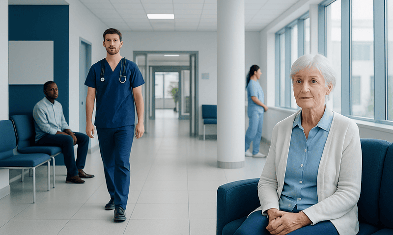 Healthcare professionals and patient in a modern hospital corridor.