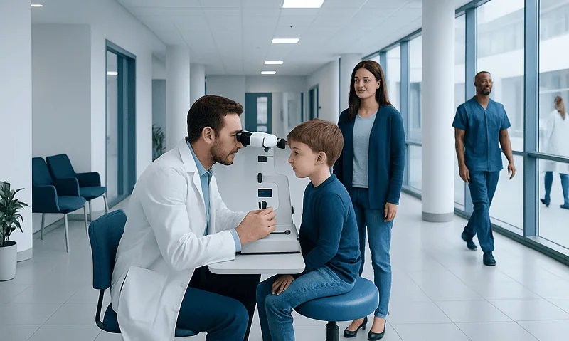 Pediatric eye exam at Acibadem Hospital with doctor and young patient.