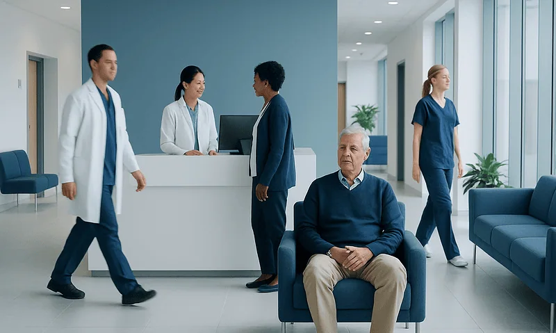 Hospital waiting area with medical staff and patient.